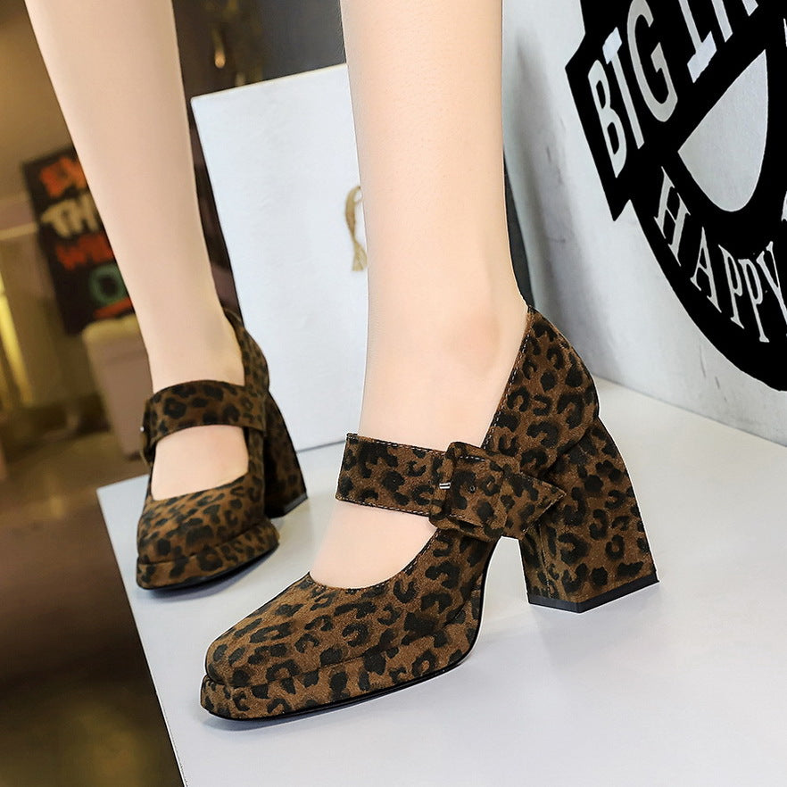 VAKKV 2025 9613-6 style thick heel high heel waterproof table suede leopard print light mouth word with suede leopard print single shoes women's shoes