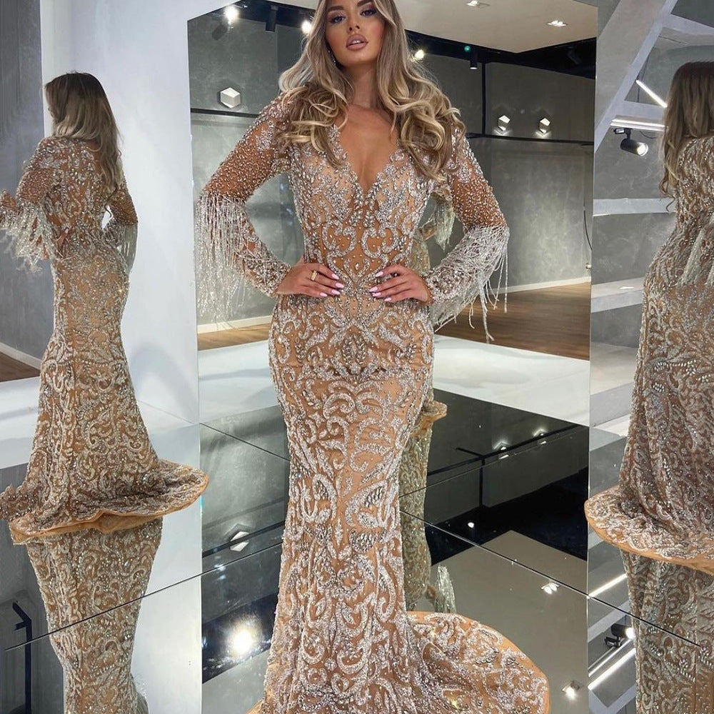 VAKKV Cross-Border Spring New European and American Women's Clothing Evening Dress Women's Fishtail Gold Tassel Elegant Sexy Dress Dress