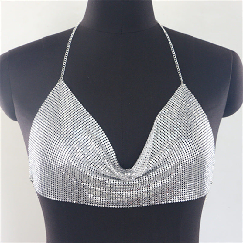 2025 MW2653 2025 vest sequined rhinestone inlaid diamond cloth metal chain hanging neck V-neck super short vest top