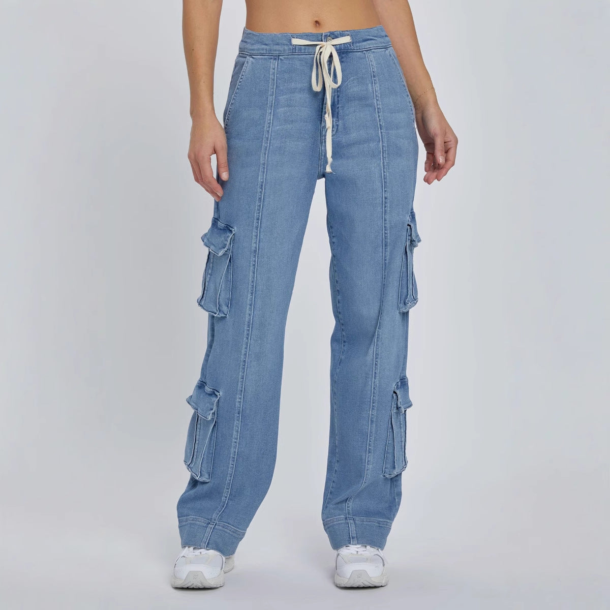 VAKKV independent station 2025 spring new street washed overalls women's multi-pocket wide-leg lace-up jeans