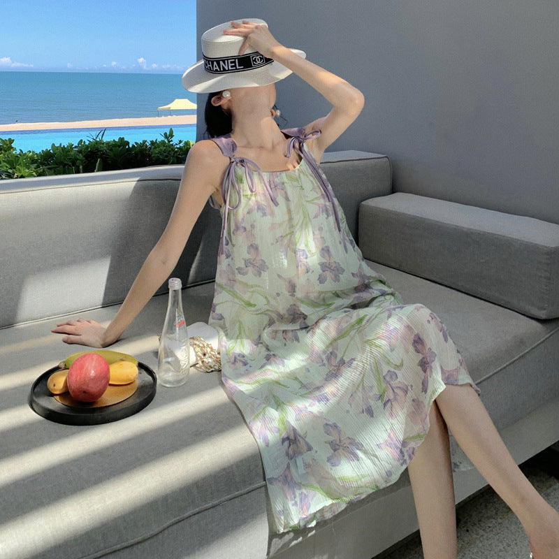 2025 Purple floral fairy summer sleeveless off-the-shoulder beach dress loose lazy vacation style daughter suspender dress