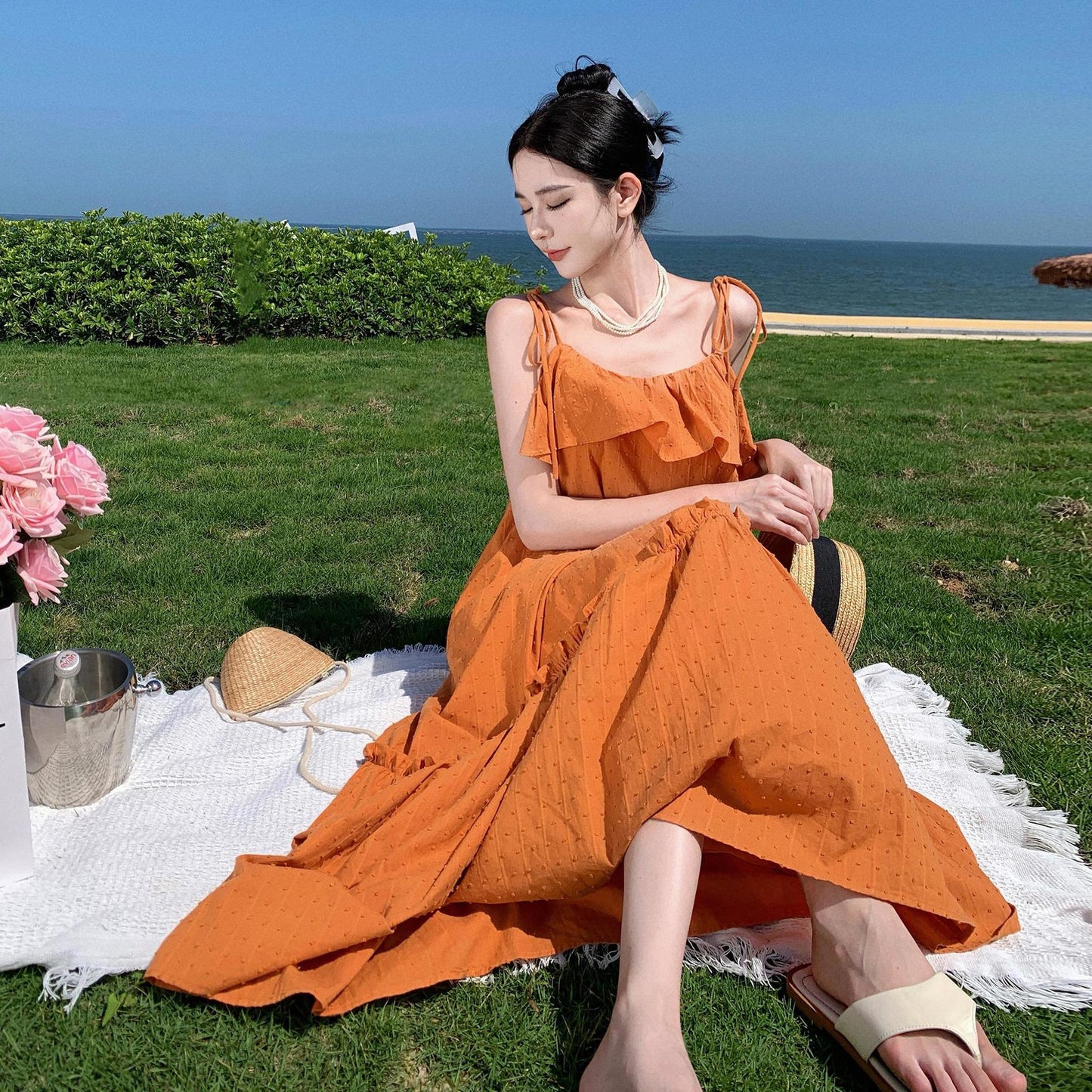 2025 fungus edge suspender dress summer Sanya travel seaside vacation temperament loose orange beach dress