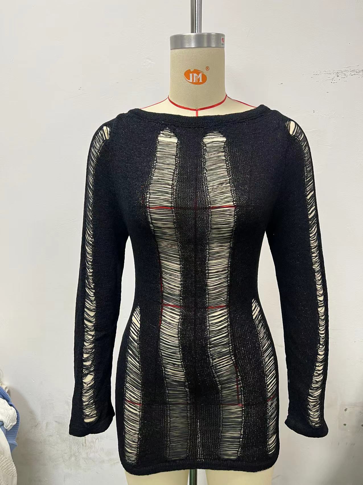 Long Sleeve Hollow-out Backless Dress Sexy Tight Hollowed-out Sheath Woolen Spring and Summer New European and American Women's Clothing Dress