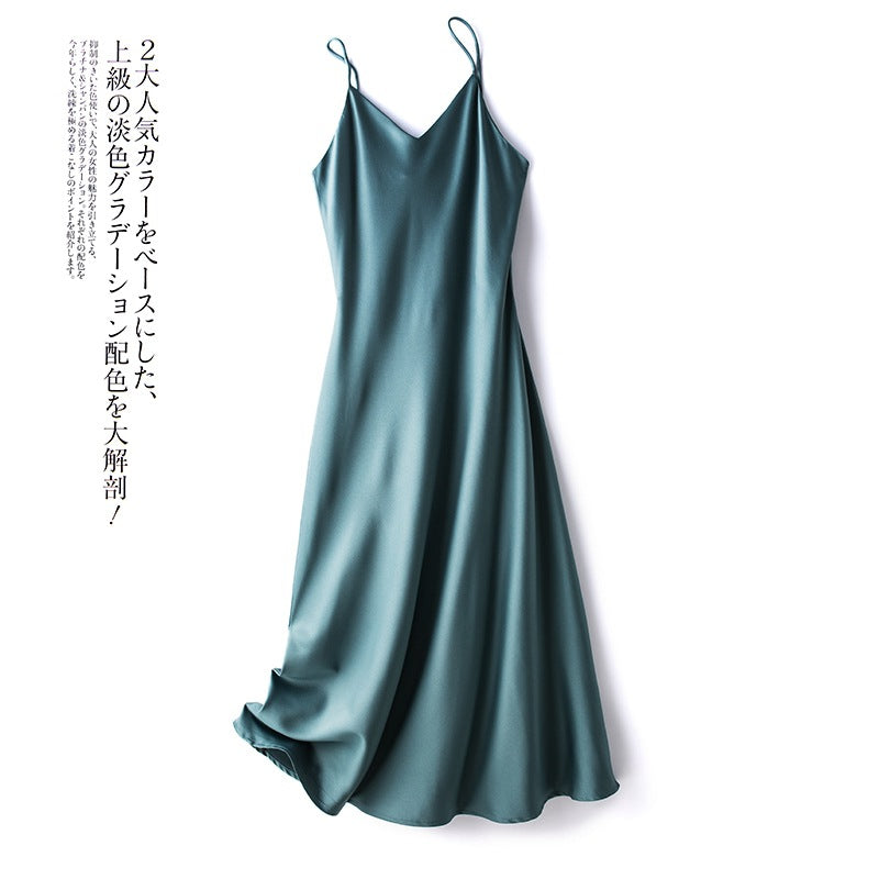 24 New High end Acetic Acid Sling Skirt Women's Long Off Shoulder Satin Sling Dress Mid length Summer Women's Outwear