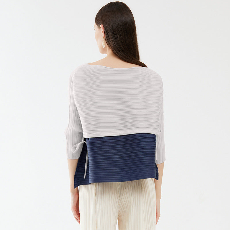 High-end splicing drawstring top, new spring spring loose contrasting color T-shirt, niche design women's clothing