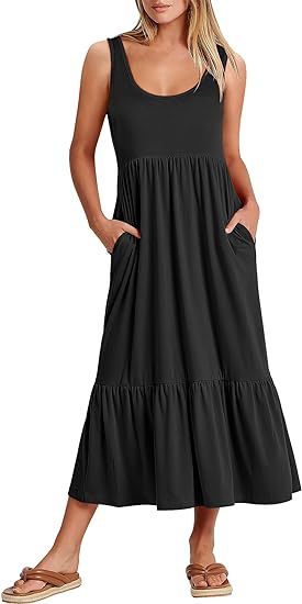Cross Border Hot Summer Sleeveless Vest Dress Expansion Skirt Casual Elegant Layered Beach Pocket Dress for Women