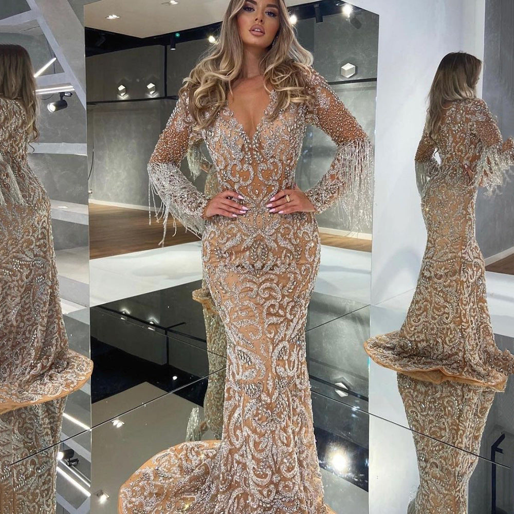 VAKKV Cross-Border Spring New European and American Women's Clothing Evening Dress Women's Fishtail Gold Tassel Elegant Sexy Dress Dress