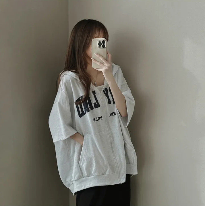 VAKKV Manufacturer short-sleeved cardigan niche design top gray sweater women's spring and summer Korean version sports loose hoodie