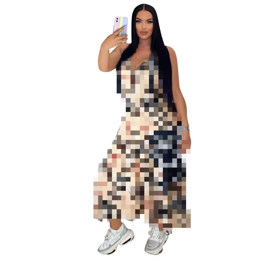 Dd0032 European and American Women's Clothing New Fashion Casual Sexy Sleeveless Printed V-neck Shoulder Strap Loose Dress