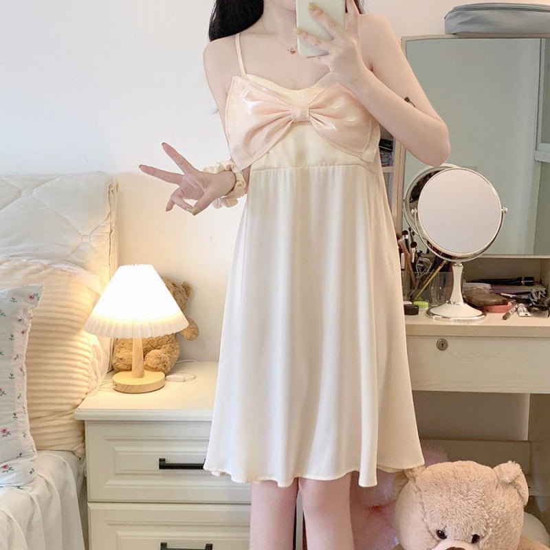 2025 Summer pajamas girls sweet and cute suspenders thin bow loose version lazy style nightdress loungewear