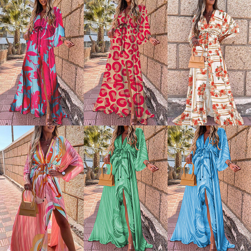 Hot Trade European and American Women's Clothing 2024 Summer New Fashion Printing Loose Lace-up Elegant Big Hem Dress