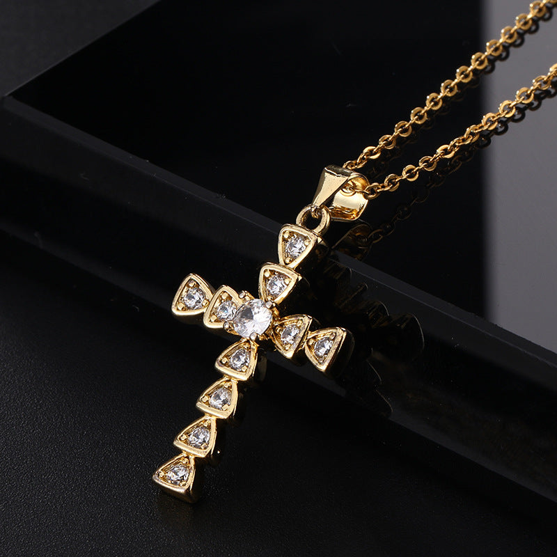 INS Vintage Gold Cross Necklace Personalized Pendant Zircon European and American Style Necklace Special-Interest Design Titanium Steel Clavicle Chain