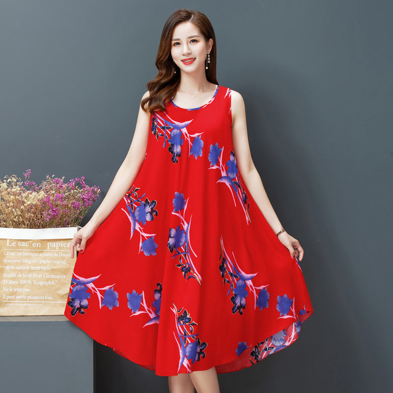 Large Size Bourette Vest Dress Summer New Ethnic Style Women's Clothing Artistic Retro Printing Sleeveless Swing Long Dress