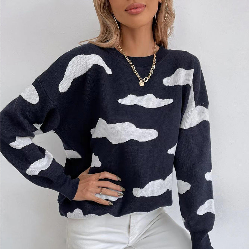 New fashion women's clothing autumn and winter long-sleeved round neck black and white contrasting color jacquard loose women's sweater knitted sweater women