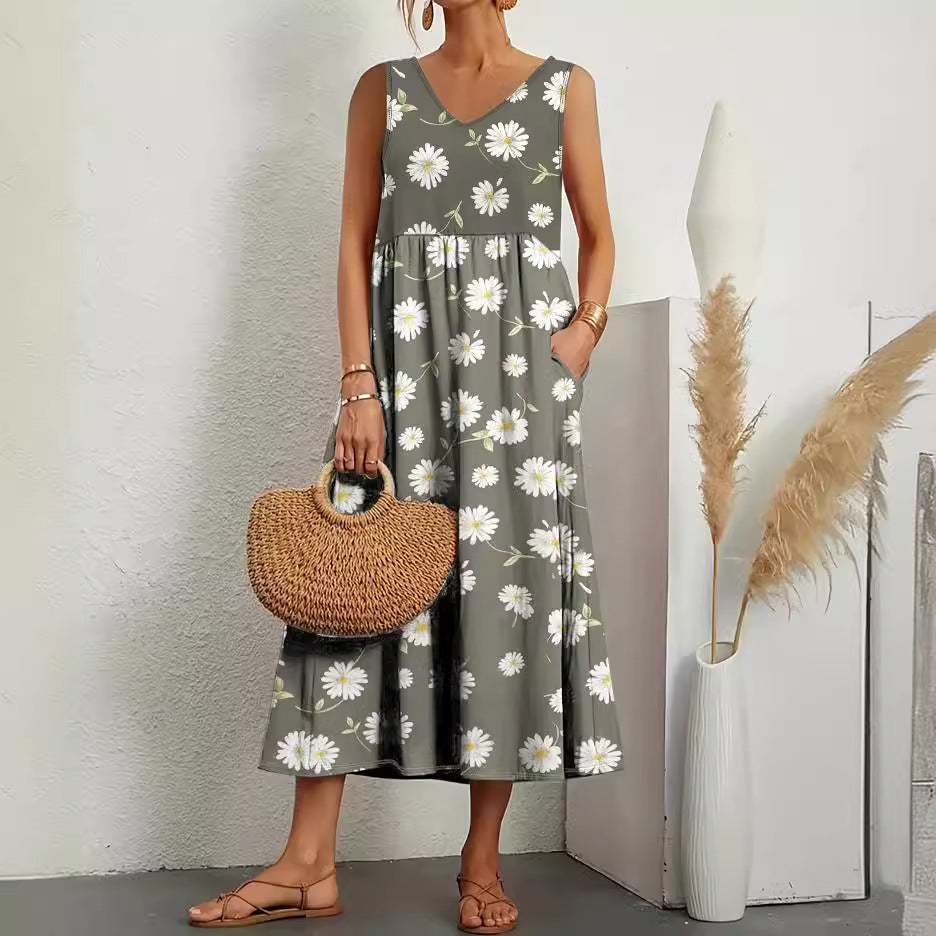 Cross-Border Sleeveless Pocket Loose V-neck Dress Printed Summer New European and American Fashion Women's Clothing