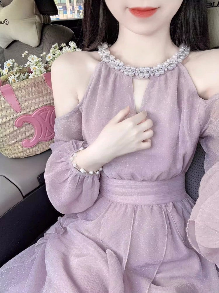 VAKKV Purple Halter off-the-Shoulder Dress Women's Fall New Design Sense Temperament Waist-Controlled Slimming Long Dress