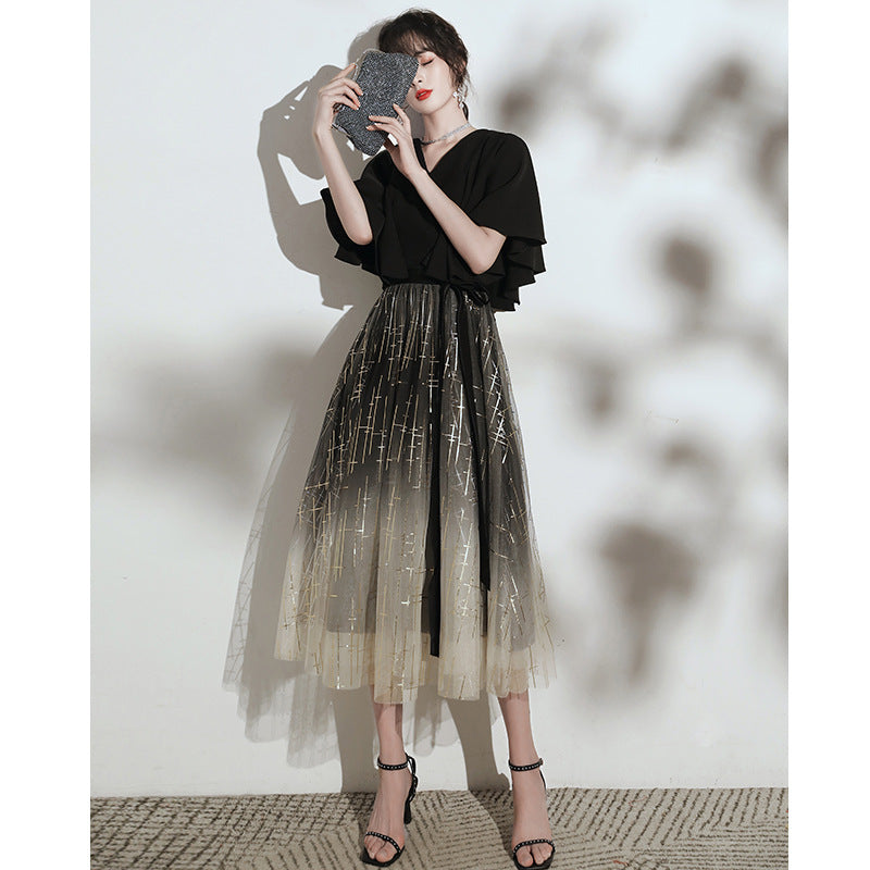 VAKKV Annual Party Evening Dress Women's New Banquet Daily Style Hepburn Wind Black Vocal Music Art Test Host Dress