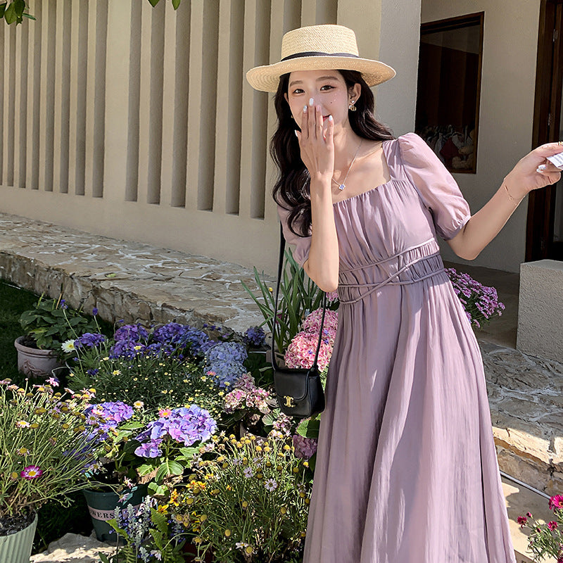 VAKKV Real Shot Purple Square-Neck Cinched Slimming Dress Women's Style Young Elegant Texture Long Skirt