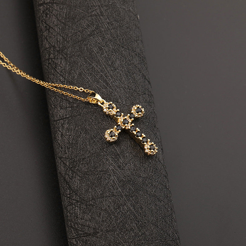INS Vintage Gold Cross Necklace Personalized Pendant Zircon European and American Style Necklace Special-Interest Design Titanium Steel Clavicle Chain