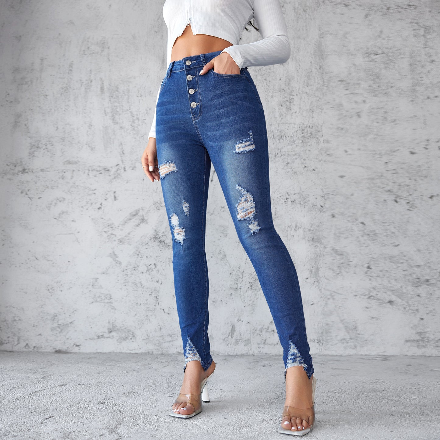 VAKKV 2025 New high-waisted tight jeans women's popular spring slim-fitting blue breasted small-footed pants pencil pants