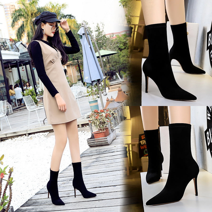 2025 315-8 style fashionable simple pedicure women's boots thin heel high heel suede pointed sexy nightclub thin short boots