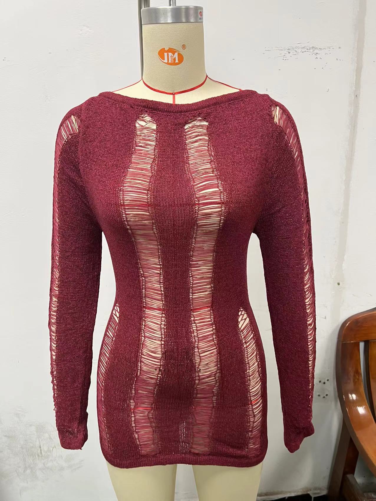 Long Sleeve Hollow-out Backless Dress Sexy Tight Hollowed-out Sheath Woolen Spring and Summer New European and American Women's Clothing Dress