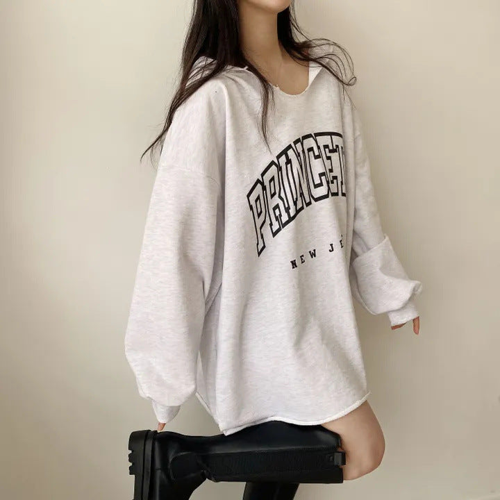 VAKKV Manufacturer lazy thin Taiwan autumn and winter Korean version letter hooded loose spring and autumn sweater women's V-neck medium and long trendy brand