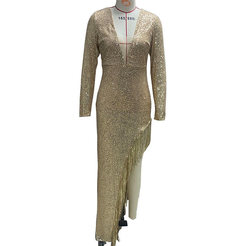 VAKKV Dress Skirt Tassel Sequin Waist Deep V Long Sleeve Side Slit Sexy Asymmetric Dress Women