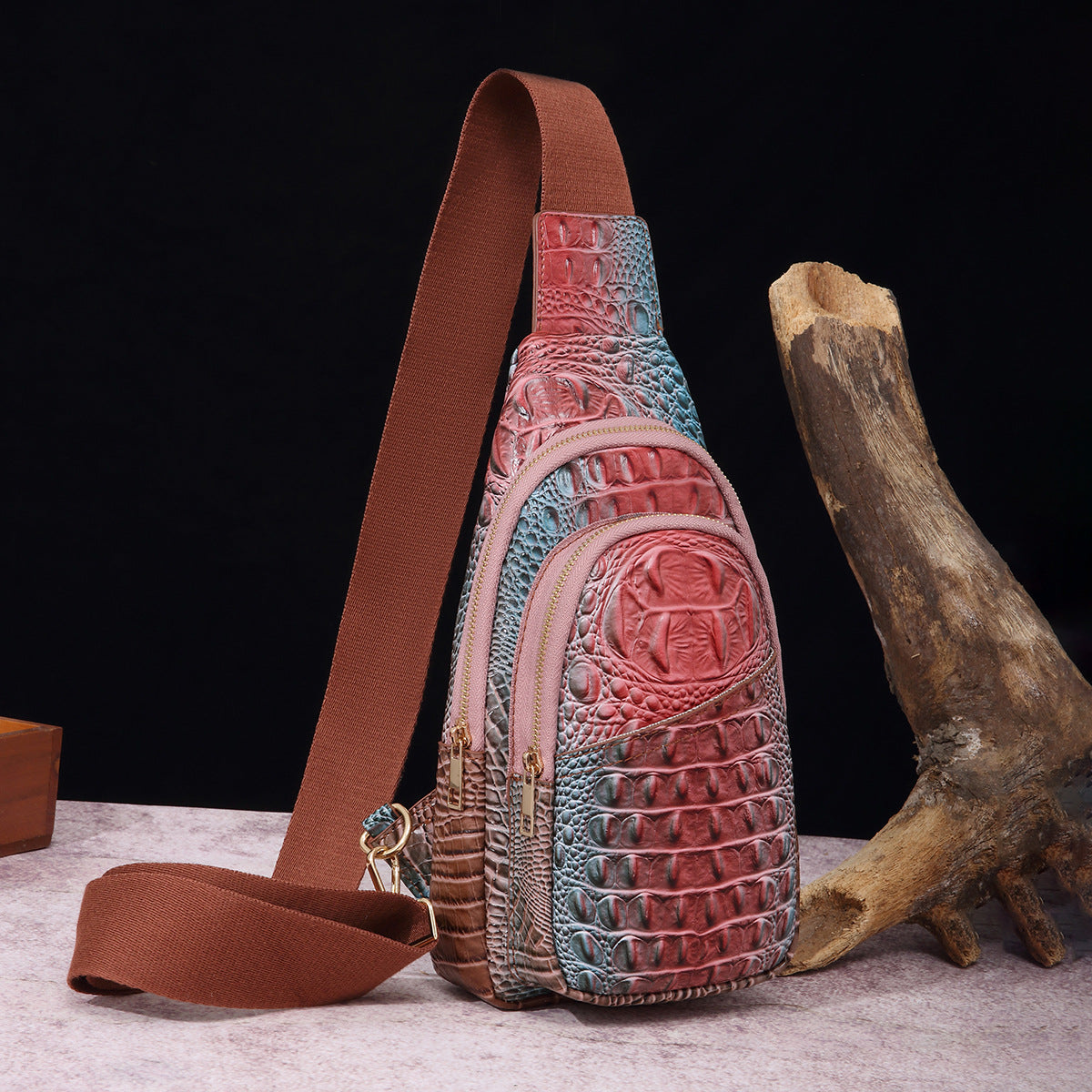 VAKKV 2025 retro fashion wide shoulder straps women's breast bag fanny pack messenger bag crocodile pattern Brahman New