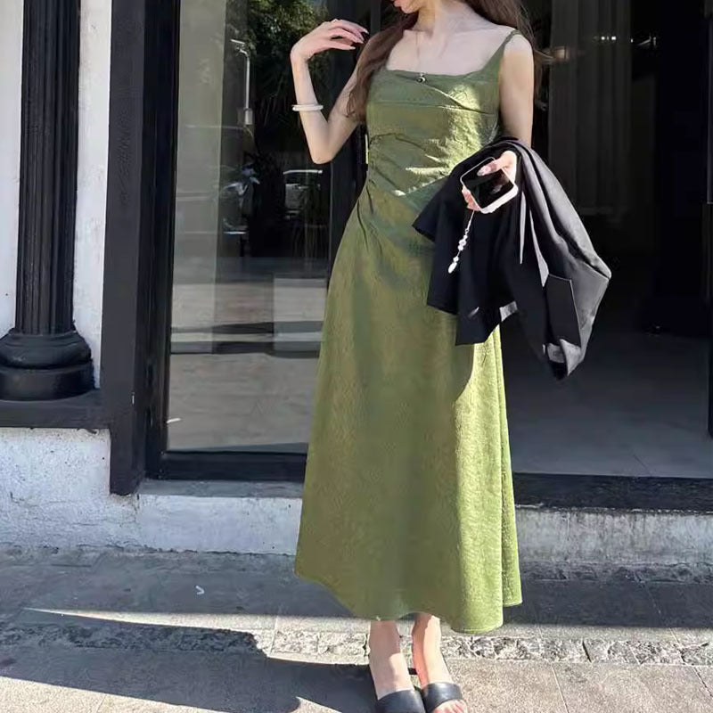 VAKKV Fahua Factory-Streamer Texture Satin Dress Retro Green Suspender Skirt Slim Fit Long Dress