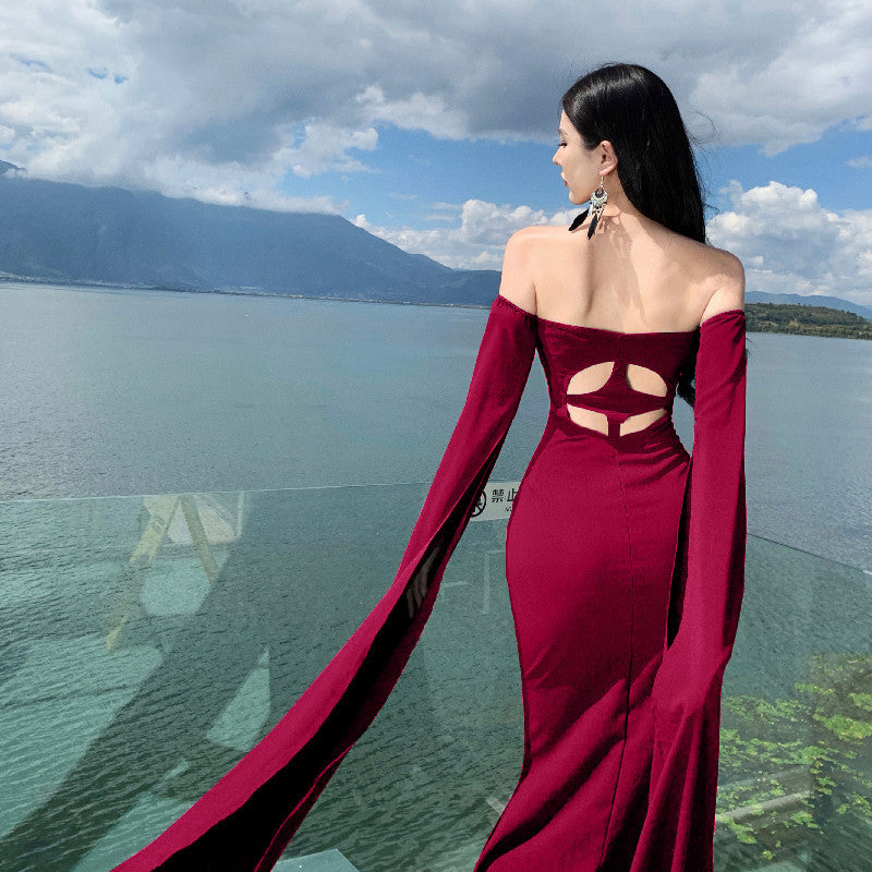 2025 Design sense charm aura retro black waist thin tube top mopping floor long dress dress photo long dress