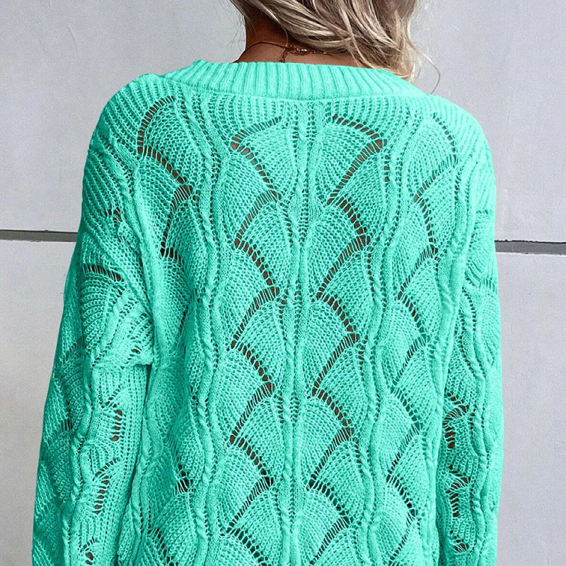 New autumn and winter new sweater women's V-neck long-sleeved hollow loose pullover sweater women