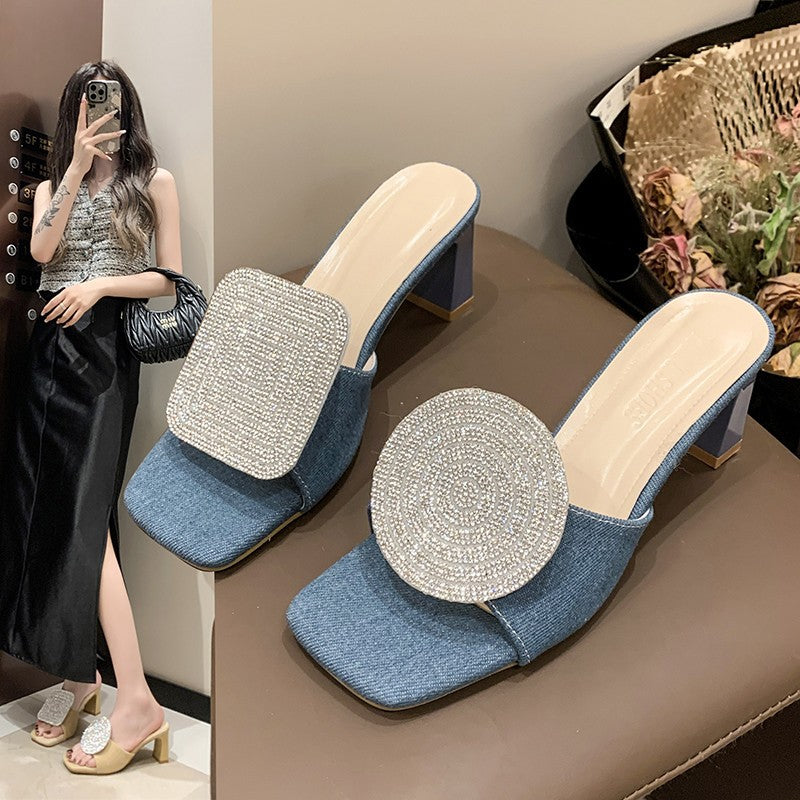 Cross-Border HOTan and NEWn plus Size Slippers Fashion round Buckle High Heel Leisure Female Foreign Trade Female Beach Slippers