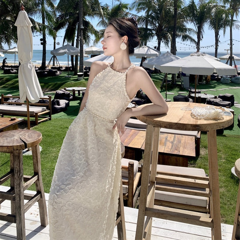 2025 neck sling dress women's summer high-end temperament showing thin waist long dress seaside vacation beach dress