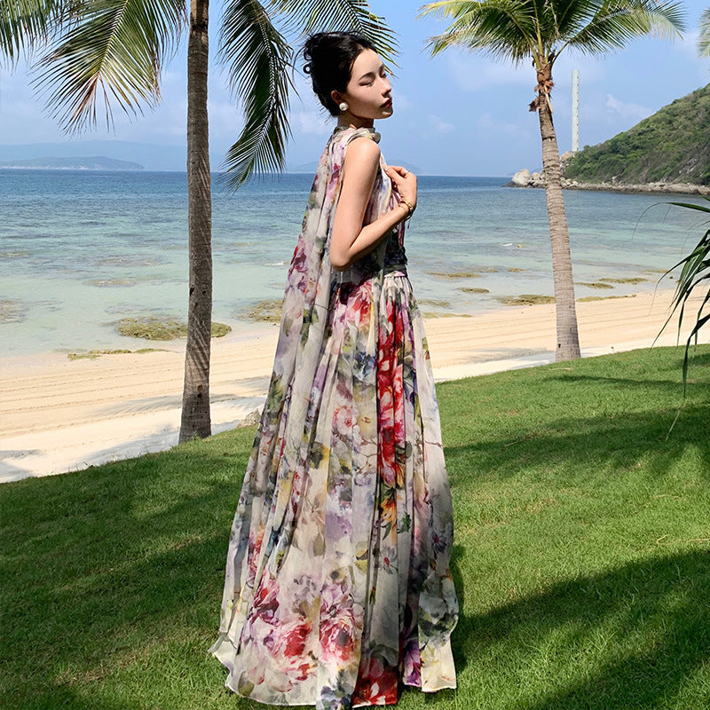 2025 Bohemian retro beach dress dress chiffon temperament pendulum long dress elegant seaside vacation high sense