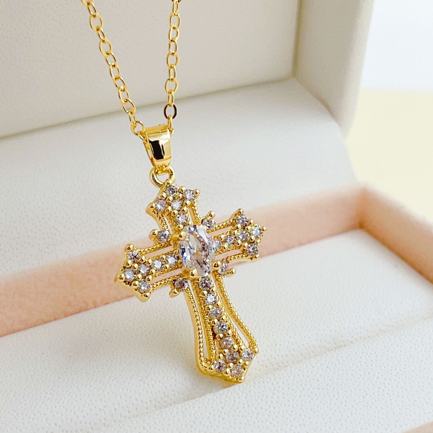 INS Vintage Gold Cross Necklace Personalized Pendant Zircon European and American Style Necklace Special-Interest Design Titanium Steel Clavicle Chain