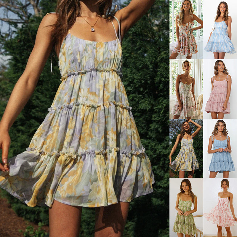 2024 New Summer European and American Vacation Style Sexy Printing Slip Dress