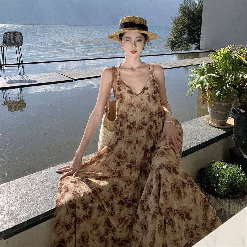 2025 Retro rose print seaside vacation wind beaded suspender dress women's summer lazy casual loose beach dress
