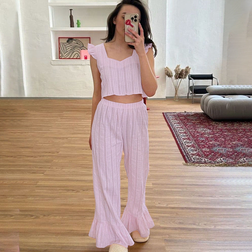 VAKKV 2025 new casual and comfortable loungewear women's pure cotton hollow short-sleeved trousers simple pajamas can be wholesale