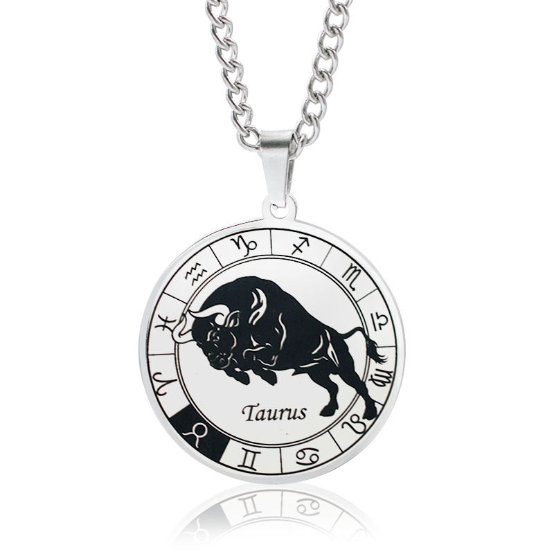 vakkv 12 Constellation Pendant Necklace Men's Titanium Steel Power Style Personalized Leo Turntable Couple's Stainless Steel Necklace