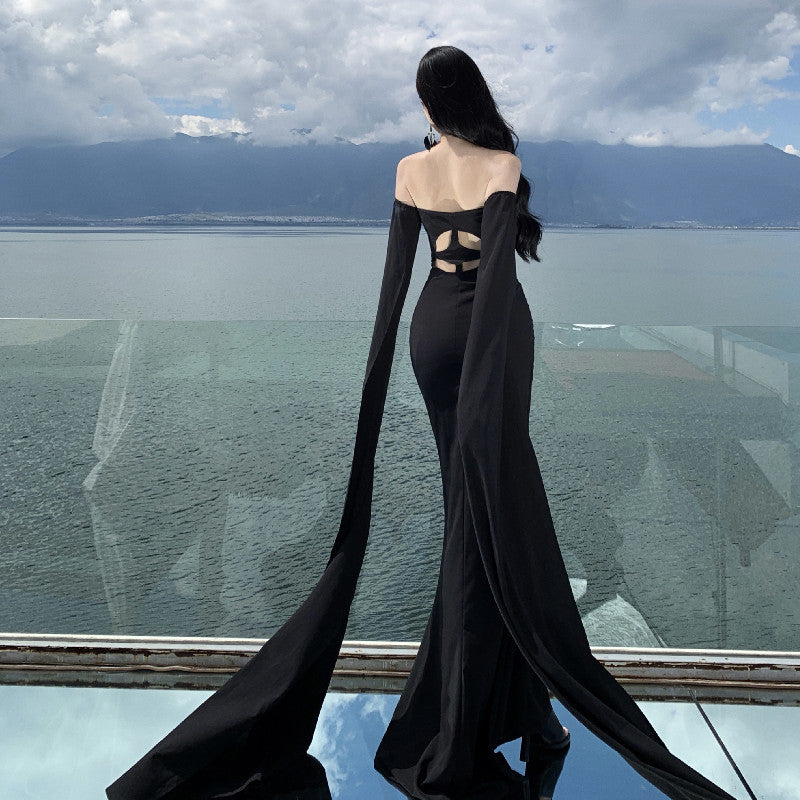 2025 Design sense charm aura retro black waist thin tube top mopping floor long dress dress photo long dress