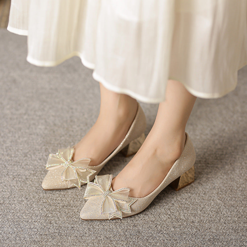 Style Pointed-Toe Fashion High Heels Women's Spring and Autumn New Chunky Heel Low-Cut Rhinestone Bow Temperament Wild Pumps