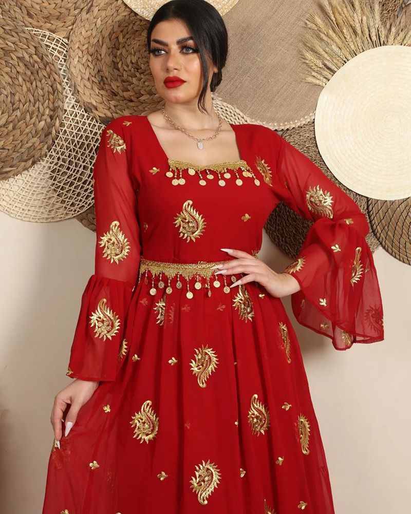 VSKKV Spring and Summer New Middle East Foreign Trade Women's Clothing EBay Independent Station Sexy Chiffon Embroidered Band Belt Dress
