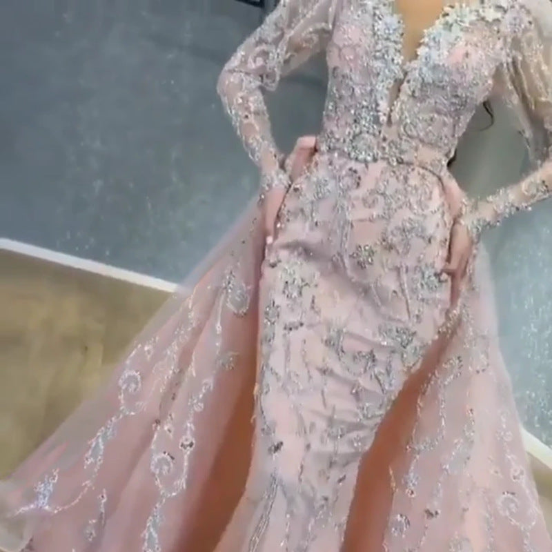 2025 new 2025 New women's clothing , dress sexy V-neck long-sleeved gold trailing evening dress
