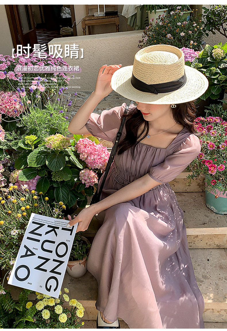 VAKKV Real Shot Purple Square-Neck Cinched Slimming Dress Women's Style Young Elegant Texture Long Skirt