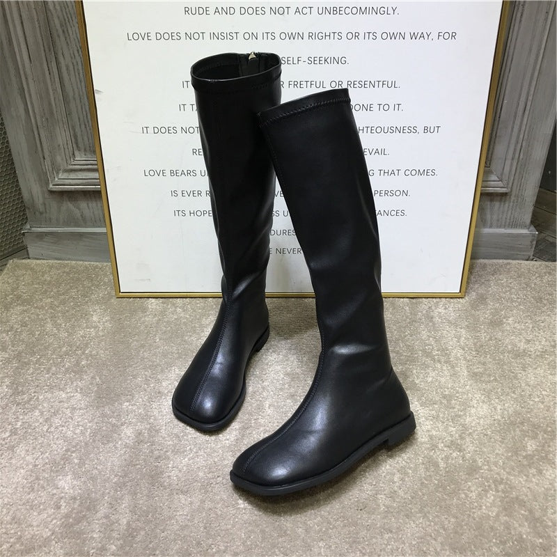 2025 South Korea Dongdaemun popular autumn and winter new square head retro flat bottom elastic high boots British style knight boots women's tide
