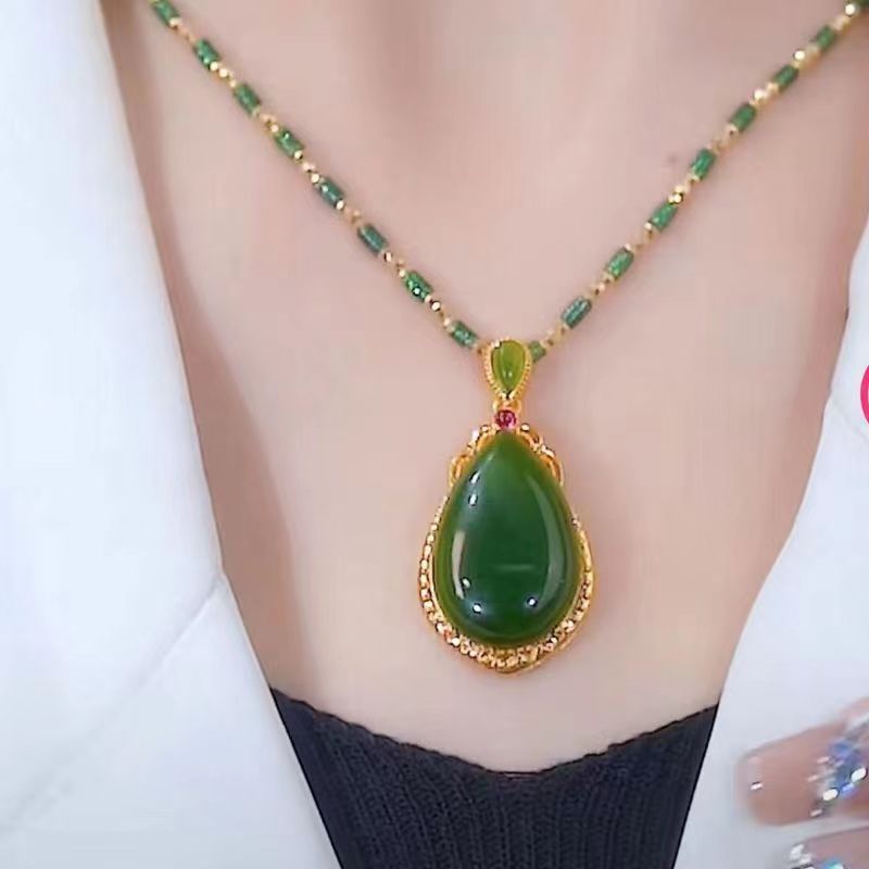 vakkv Best-Seller on Douyin Jasper Water Drop Pendant Gold Necklace for Women Retro Fashion Elegance Simple New Online Influencer Necklace Women