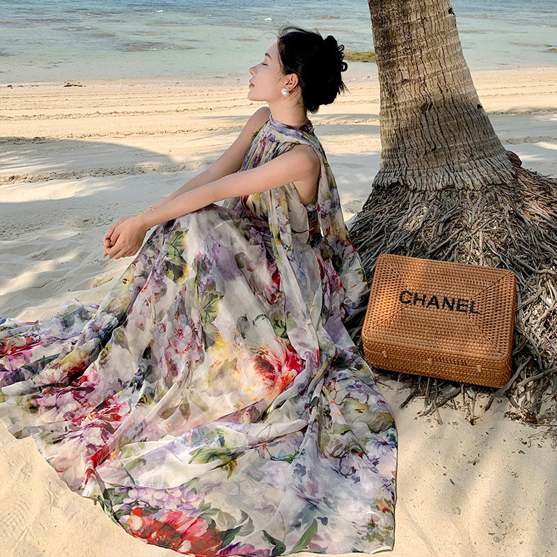 2025 Bohemian retro beach dress dress chiffon temperament pendulum long dress elegant seaside vacation high sense