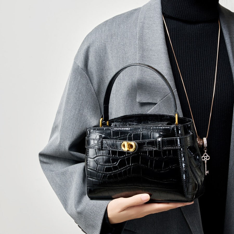 2025 new leather portable Kelly bag crocodile pattern texture commuter shoulder women's bag lock small square bag