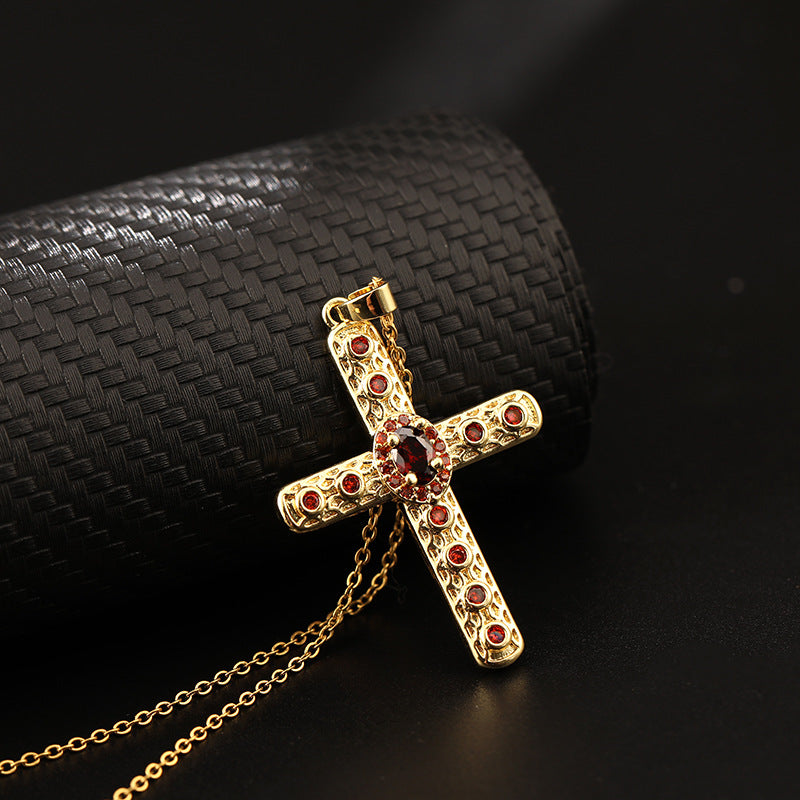 INS Vintage Gold Cross Necklace Personalized Pendant Zircon European and American Style Necklace Special-Interest Design Titanium Steel Clavicle Chain